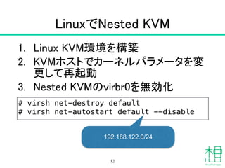 LinuxでNested KVM
1. Linux KVM環境を構築
2. KVMホストでカーネルパラメータを変
更して再起動
3. Nested KVMのvirbr0を無効化
12
# virsh net-destroy default
# virsh net-autostart default --disable
192.168.122.0/24
 