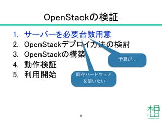 OpenStackの検証
1. サーバーを必要台数用意
2. OpenStackデプロイ方法の検討
3. OpenStackの構築
4. 動作検証
5. 利用開始
8
予算が…
既存ハードウェア
を使いたい
 