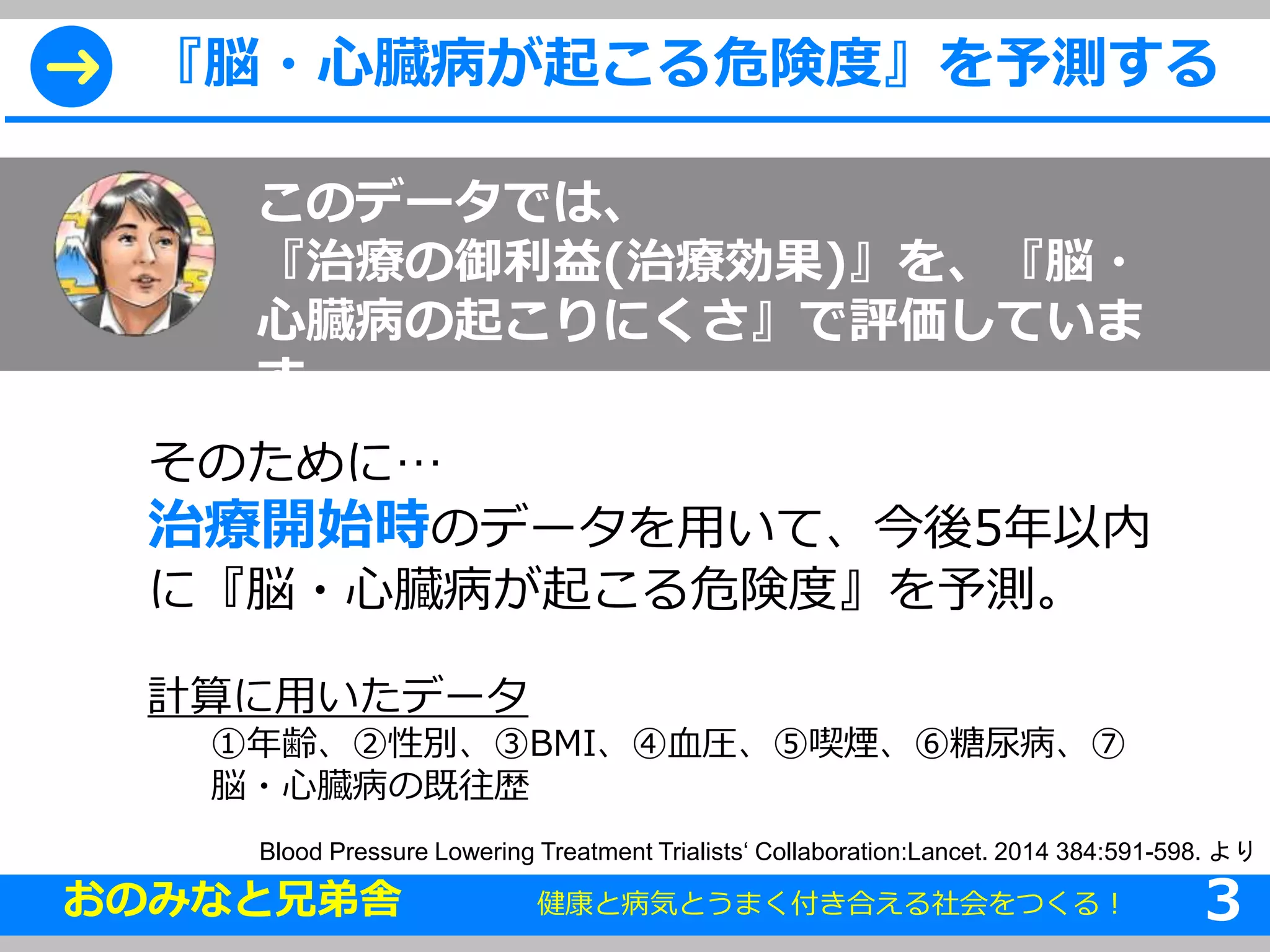 ➜ 『脳・心臓病が起こる危険度』を予測する 
このデータでは、 
『治療の御利益(治療効果)』を、『脳・ 
心臓病の起こりにくさ』で評価していま 
す。 
そのために… 
治療開始時のデータを用いて、今後5年以内 
に『脳・心臓病が起こる危険度』を予測。 
計算に用いたデータ 
①年齢、②性別、③BMI、④血圧、⑤喫煙、⑥糖尿病、⑦ 
脳・心臓病の既往歴 
Blood Pressure Lowering Treatment Trialists‘ Collaboration:Lancet. 2014 384:591-598. より 
おのみなと兄弟舎健康と病気とうまく付き合える3社会をつくる！ 3 
 