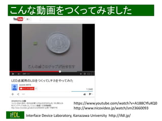 こんな動画をつくってみました 
https://www.youtube.com/watch?v=A188CYfuKQ0 
http://www.nicovideo.jp/watch/sm23660093 
2014/8/29 Interface Device Laboratory, Kanazawa University http://ifdl.jp/ 
 