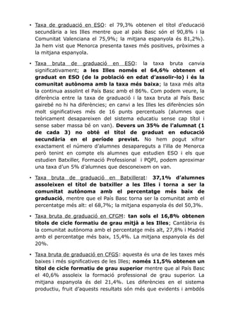 • Taxa de graduació en ESO: el 79,3% obtenen el títol d’educació
secundària a les Illes mentre que al país Basc són el 90,8% i la
Comunitat Valenciana el 75,9%; la mitjana espanyola és 81,2%).
Ja hem vist que Menorca presenta taxes més positives, pròximes a
la mitjana espanyola.
• Taxa bruta de graduació en ESO: la taxa bruta canvia
significativament; a les Illes només el 64,6% obtenen el
graduat en ESO (de la població en edat d’assolir-lo) i és la
comunitat autònoma amb la taxa més baixa; la taxa més alta
la continua assolint el País Basc amb el 86%. Com podem veure, la
diferència entre la taxa de graduació i la taxa bruta al País Basc
gairebé no hi ha diferències; en canvi a les Illes les diferències són
molt significatives més de 16 punts percentuals (alumnes que
teòricament desapareixen del sistema educatiu sense cap títol i
sense saber massa bé on van). Devers un 35% de l’alumnat (1
de cada 3) no obté el títol de graduat en educació
secundària en el període previst. No hem pogut xifrar
exactament el número d’alumnes desapareguts a l’illa de Menorca
però tenint en compte els alumnes que estudien ESO i els que
estudien Batxiller, Formació Professional i PQPI, podem aproximar
una taxa d’un 5% d’alumnes que desconeixem on van.
• Taxa bruta de graduació en Batxillerat: 37,1% d’alumnes
assoleixen el títol de batxiller a les Illes i torna a ser la
comunitat autònoma amb el percentatge més baix de
graduació, mentre que el País Basc torna ser la comunitat amb el
percentatge més alt: el 68,7%; la mitjana espanyola és del 50,3%.
• Taxa bruta de graduació en CFGM: tan sols el 16,8% obtenen
títols de cicle formatiu de grau mitjà a les Illes; Cantàbria és
la comunitat autònoma amb el percentatge més alt, 27,8% i Madrid
amb el percentatge més baix, 15,4%. La mitjana espanyola és del
20%.
• Taxa bruta de graduació en CFGS: aquesta és una de les taxes més
baixes i més significatives de les Illes; només 11,5% obtenen un
títol de cicle formatiu de grau superior mentre que al País Basc
el 40,6% assoleix la formació professional de grau superior. La
mitjana espanyola és del 21,4%. Les diferències en el sistema
productiu, fruit d’aquests resultats són més que evidents i ambdós
 