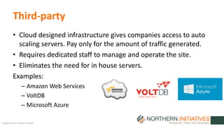 Copyright © 2015 | Northern Initiatives
Third-party
• Cloud designed infrastructure gives companies access to auto
scaling servers. Pay only for the amount of traffic generated.
• Requires dedicated staff to manage and operate the site.
• Eliminates the need for in house servers.
Examples:
– Amazon Web Services
– VoltDB
– Microsoft Azure
 