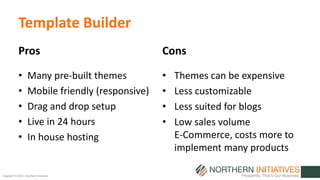 Copyright © 2015 | Northern Initiatives
Template Builder
• Many pre-built themes
• Mobile friendly (responsive)
• Drag and drop setup
• Live in 24 hours
• In house hosting
Pros Cons
• Themes can be expensive
• Less customizable
• Less suited for blogs
• Low sales volume
E-Commerce, costs more to
implement many products
 