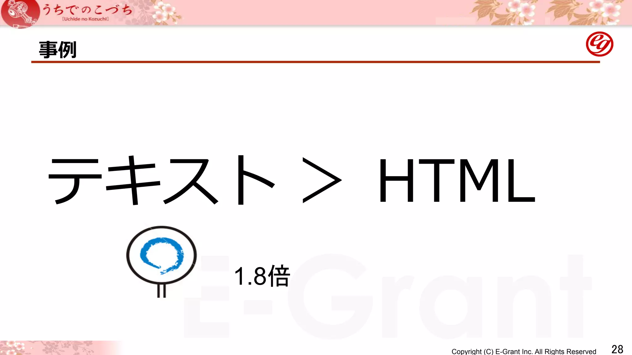 テキスト ＞ HTML 
Copyright (C) E-Grant Inc. All Rights Reserved E-Grant 㻞㻤 
事例例 
1.8ಸ 
 