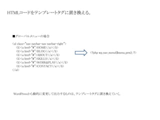 HTMLコードをテンプレートタグに置き換える。
<ul class="nav navbar-nav navbar-right">
<li><a href="#">HOME</a></li>
<li><a href="#">BLOG</a></li>
<li><a href="#">ABOUT</a></li>
<li><a href="#">SKILLS</a></li>
<li><a href="#">WORK&PLAY</a></li>
<li><a href="#">CONTACT</a></li>
</ul>
<?php wp_nav_menu($menu_prm); ?>
■グローバルメニューの場合
WordPressから動的に変更して出力するものは、テンプレートタグに置き換えていく。
 