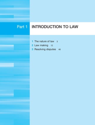 Part 1 INTRODUCTION TO LAW
1 The nature of law 3
2 Law making 12
3 Resolving disputes 46
 
