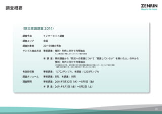 調査概要 
〈防災意識調査2014〉 
調査手法 インターネット調査 
調査エリア 全国 
調査対象者 20～69歳の男女 
サンプル抽出方法　事前調査：性別・年代に分けて均等抽出 
　　　　　＊人口構成比に準拠したウェイトバック集計を実施 
本調査：事前調査から「防災への意識について“意識していない”を除いた人」の中から 
　　性別・年代に分けて均等抽出 
　　　　　＊事前調査における、自然災害に対する防災意識の構成比に準拠したウェイトバック集計を実施 
　　　　　 （結果は計算値のため、合計と内訳の計が一致しないことがある） 
有効回収数 事前調査： 11,702サンプル、本調査：1,203サンプル 
調査ボリューム 事前調査：5問、 本調査：14問 
調査期間 事前調査：2014年7月30日（水）～8月1日（金） 
本調査：2014年8月1日（金）～8月2日（土） 
20 
 