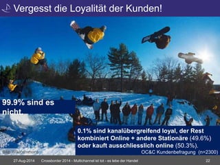 Vergesst die Loyalität der Kunden! 
99.9% sind es 
nicht. 
0.1% sind kanalübergreifend loyal, der Rest 
kombiniert Online + andere Stationäre (49.6%) 
oder kauft ausschliesslich online (50.3%). 
Bild: Wikicommons OC&C Kundenbefragung (n=2300) 
27-Aug-2014 Crossborder 2014 - Multichannel ist tot - es lebe der Handel 22 
 