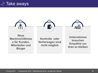 Take aways 
1 
Neue 
Machtverhältniss 
e für Kunden, 
Mitarbeiter und 
Bürger 
2 
Kontrolle oder 
Vorhersagen sind 
nicht möglich 
3 
Unternehmen 
brauchen 
Empathie um 
dran zu bleiben 
27-Aug-2014 Crossborder 2014 - Multichannel ist tot - es lebe der Handel 34 
 