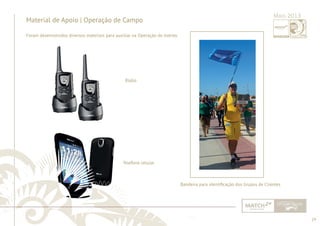 29 
......................................................................................................................................................................................................................................................... 
Material de Apoio | Operação de Campo 
Foram desenvolvidos diversos materiais para auxiliar na Operação do evento. 
Rádio 
Telefone celular 
Maio 2013 
Bandeira para identifi cação dos Grupos de Clientes 
................................................................................................................................................................................................................................................................................................. 
 