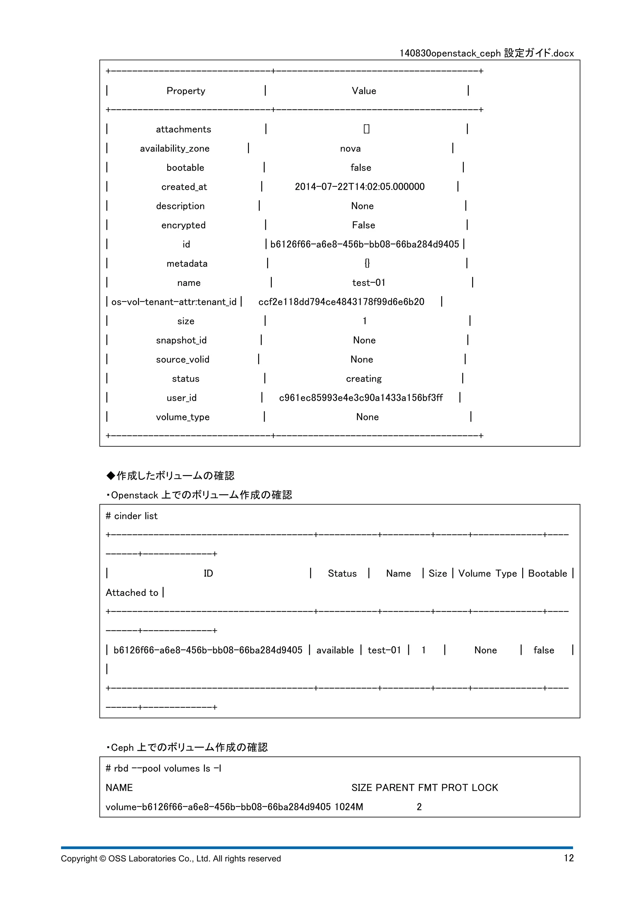 140830openstack_ceph 設定ガイド.docx 
+------------------------------+--------------------------------------+ 
¦ Property ¦ Value ¦ 
+------------------------------+--------------------------------------+ 
¦ attachments ¦ [] ¦ 
¦ availability_zone ¦ nova ¦ 
¦ bootable ¦ false ¦ 
¦ created_at ¦ 2014-07-22T14:02:05.000000 ¦ 
¦ description ¦ None ¦ 
¦ encrypted ¦ False ¦ 
¦ id ¦ b6126f66-a6e8-456b-bb08-66ba284d9405 ¦ 
¦ metadata ¦ {} ¦ 
¦ name ¦ test-01 ¦ 
¦ os-vol-tenant-attr:tenant_id ¦ ccf2e118dd794ce4843178f99d6e6b20 ¦ 
¦ size ¦ 1 ¦ 
¦ snapshot_id ¦ None ¦ 
¦ source_volid ¦ None ¦ 
¦ status ¦ creating ¦ 
¦ user_id ¦ c961ec85993e4e3c90a1433a156bf3ff ¦ 
¦ volume_type ¦ None ¦ 
+------------------------------+--------------------------------------+ 
◆作成したボリュームの確認 
・Openstack 上でのボリューム作成の確認 
# cinder list 
+--------------------------------------+-----------+---------+------+-------------+---- 
------+-------------+ 
¦ ID ¦ Status ¦ Name ¦ Size ¦ Volume Type ¦ Bootable ¦ 
Attached to ¦ 
+--------------------------------------+-----------+---------+------+-------------+---- 
------+-------------+ 
¦ b6126f66-a6e8-456b-bb08-66ba284d9405 ¦ available ¦ test-01 ¦ 1 ¦ None ¦ false ¦ 
¦ 
+--------------------------------------+-----------+---------+------+-------------+---- 
------+-------------+ 
・Ceph 上でのボリューム作成の確認 
# rbd --pool volumes ls -l 
NAME SIZE PARENT FMT PROT LOCK 
volume-b6126f66-a6e8-456b-bb08-66ba284d9405 1024M 2 
Copyright © OSS Laboratories Co., Ltd. All rights reserved 12 
 