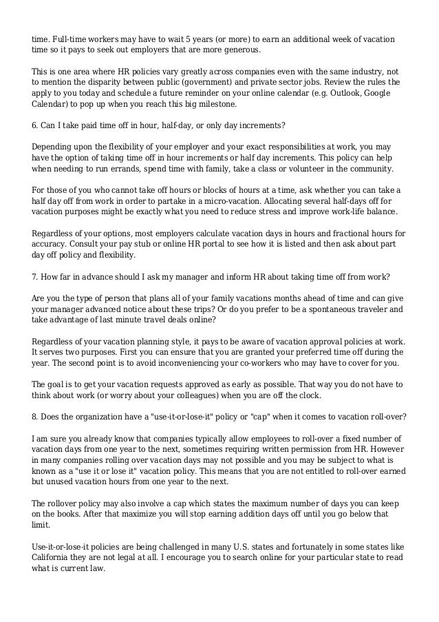 vacation days and paid time off work policies unlimited vacation policy sample