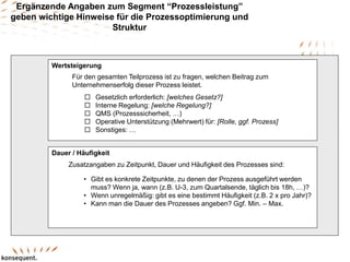 Ergänzende Angaben zum Segment “Prozessleistung”
geben wichtige Hinweise für die Prozessoptimierung und
Struktur
Wertsteigerung
Für den gesamten Teilprozess ist zu fragen, welchen Beitrag zum
Unternehmenserfolg dieser Prozess leistet.
 Gesetzlich erforderlich: [welches Gesetz?]
 Interne Regelung: [welche Regelung?]
 QMS (Prozesssicherheit, …)
 Operative Unterstützung (Mehrwert) für: [Rolle, ggf. Prozess]
 Sonstiges: …
Dauer / Häufigkeit
Zusatzangaben zu Zeitpunkt, Dauer und Häufigkeit des Prozesses sind:
• Gibt es konkrete Zeitpunkte, zu denen der Prozess ausgeführt werden
muss? Wenn ja, wann (z.B. U-3, zum Quartalsende, täglich bis 18h, …)?
• Wenn unregelmäßig: gibt es eine bestimmt Häufigkeit (z.B. 2 x pro Jahr)?
• Kann man die Dauer des Prozesses angeben? Ggf. Min. – Max.
 