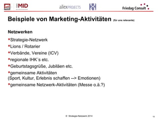 © Strategie-Netzwerk 2014 19
Beispiele von Marketing-Aktivitäten (für uns relevante)
Netzwerken
Strategie-Netzwerk
Lions / Rotarier
Verbände, Vereine (ICV)
regionale IHK´s etc.
Geburtstagsgrüße, Jubiläen etc.
gemeinsame Aktivitäten
(Sport, Kultur, Erlebnis schaffen --> Emotionen)
gemeinsame Netzwerk-Aktivitäten (Messe o.ä.?)
 