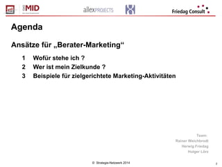 © Strategie-Netzwerk 2014 2
Agenda
1 Wofür stehe ich ?
2 Wer ist mein Zielkunde ?
3 Beispiele für zielgerichtete Marketing-Aktivitäten
Ansätze für „Berater-Marketing“
Team:
Rainer Weichbrodt
Herwig Friedag
Holger Lörz
 