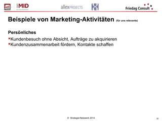 © Strategie-Netzwerk 2014 20
Beispiele von Marketing-Aktivitäten (für uns relevante)
Persönliches
Kundenbesuch ohne Absicht, Aufträge zu akquirieren
Kundenzusammenarbeit fördern, Kontakte schaffen
 