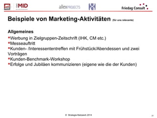 © Strategie-Netzwerk 2014 21
Beispiele von Marketing-Aktivitäten (für uns relevante)
Allgemeines
Werbung in Zielgruppen-Z...
