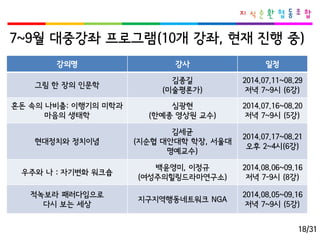 7~9월대중강좌프로그램(10개강좌, 현재진행중) 
강의명 
강사 
일정 
그림한장의인문학 
김종길 
(미술평론가) 
2014.07.11~08.29 
저녁7~9시(6강) 
혼돈속의나비춤: 이행기의미학과마음의생태학 
심광현 
(한예종영상원교수) 
2014.07.16~08.20 
저녁7~9시(5강) 
현대정치와정치이념 
김세균 
(지순협대안대학학장, 서울대명예교수) 
2014.07.17~08.21 
오후2~4시(6강) 
우주와나: 자기변화워크숍 
백윤영미, 이정규 
(여성주의힐링드라마연구소) 
2014.08.06~09.16 
저녁7-9시(8강) 
적녹보라패러다임으로 
다시보는세상 
지구지역행동네트워크NGA 
2014.08.05~09.16 
저녁7~9시(5강) 
18/31  