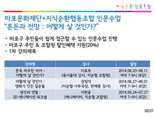 마포문화재단+지식순환협동조합인문수업 
“혼돈과전망: 어떻게살것인가?” 
강의명 
강사 
일정 
문득마주친자아: 
어떻게살것인가? 
이묘우 
(동서울대강사, 지순협조합원) 
2014.06.23~08.11 
저녁7-9시(8강) 
어떻게살것인가: 
영화가던진질문들 
강정석 
(지순협사무국장, 한예종강사) 
2014.06.27~08.01 
저녁7~9시(6강) 
생각과연필: 
2D애니메이션워크숍 
이현웅 
(애니메이터, 지순협조합원) 
2014.06.24~07.27 
저녁7~9시(6강) 
-마포구주민들이쉽게접근할수있는인문수업진행 
-마포구주민& 조합원할인혜택지원(20%) 
-1차강의제목 
28/31  