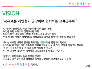 VISION 
안가자니불안하고, 막상가면배울것이없는대학. 
취업을위한스펙으로전락해버린대학. 
타자에대한공감없이냉정한경쟁의논리로무장한대학. 
현재한국의대학은경쟁사회와경쟁교육을그대로보여주는혼돈의장입니다. 
우리는이러한대학의한계를극복하는대안대학을만들고자합니다. 
지식인과대중들이서로자유롭게지혜와지식을나눌수있는공간을만들고자합니다. 
누구나자유롭게배울수있고또한가르칠수있으며, 
타자의고통에공감하며협력하는교육공동체를만들고자합니다. 
경쟁적인대학교육의높은문턱을없애고 
자유로운개인들이서로협력하고타자에공감하는대안적인교육공동체, 
바로입니다. 
“자유로운개인들이공감하며협력하는교육공동체” 
5/31  