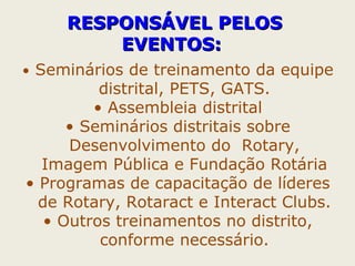 RREESSPPOONNSSÁÁVVEELL PPEELLOOSS 
EEVVEENNTTOOSS:: 
• Seminários de treinamento da equipe 
distrital, PETS, GATS. 
• Assembleia distrital 
• Seminários distritais sobre 
Desenvolvimento do Rotary, 
Imagem Pública e Fundação Rotária 
• Programas de capacitação de líderes 
de Rotary, Rotaract e Interact Clubs. 
• Outros treinamentos no distrito, 
conforme necessário. 
 