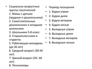 • Социально-возрастные 
группы посетителей 
1. Мамы с детьми 
(грудные и дошкольники) 
2. Самостоятельные 
дошкольники и младшие 
школьники 
3. Школьники 5-8 класс 
4. Старшеклассники и 
студенты 
5. Работающая молодежь 
(до 30 лет) 
6. Средний возраст (30-45 
лет) 
7. Зрелый возраст (45- 60 
лет) 
8. Пенсионеры 
• Период посещения 
• 1. Будни утром 
• 2. Будни днем 
• 3. Будни вечером 
• 4. Будни ночью 
• 5. Выходные утром 
• 6. Выходные днем 
• 7. Выходные вечером 
• 8. Выходные ночью 
 