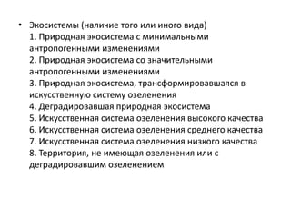 • Экосистемы (наличие того или иного вида) 
1. Природная экосистема с минимальными 
антропогенными изменениями 
2. Природная экосистема со значительными 
антропогенными изменениями 
3. Природная экосистема, трансформировавшаяся в 
искусственную систему озеленения 
4. Деградировавшая природная экосистема 
5. Искусственная система озеленения высокого качества 
6. Искусственная система озеленения среднего качества 
7. Искусственная система озеленения низкого качества 
8. Территория, не имеющая озеленения или с 
деградировавшим озеленением 
 