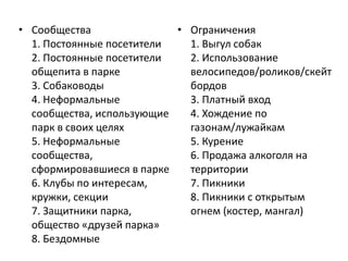 • Сообщества 
1. Постоянные посетители 
2. Постоянные посетители 
общепита в парке 
3. Собаководы 
4. Неформальные 
сообщества, использующие 
парк в своих целях 
5. Неформальные 
сообщества, 
сформировавшиеся в парке 
6. Клубы по интересам, 
кружки, секции 
7. Защитники парка, 
общество «друзей парка» 
8. Бездомные 
• Ограничения 
1. Выгул собак 
2. Использование 
велосипедов/роликов/скейт 
бордов 
3. Платный вход 
4. Хождение по 
газонам/лужайкам 
5. Курение 
6. Продажа алкоголя на 
территории 
7. Пикники 
8. Пикники с открытым 
огнем (костер, мангал) 
 