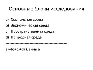 Основные блоки исследования 
a) Социальная среда 
b) Экономическая среда 
c) Пространственная среда 
d) Природная среда 
------------------------------------------------- 
a)+b)+c)+d) Данные 
 