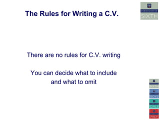 The Rules for Writing a C.V. 
There are no rules for C.V. writing 
You can decide what to include 
and what to omit 
 