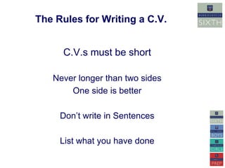 The Rules for Writing a C.V. 
C.V.s must be short 
Never longer than two sides 
One side is better 
Don’t write in Sentences 
List what you have done 
 