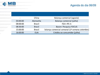 Agenda do dia 06/09 
-ChinaBalança comercial (agosto) 03:00:00AlemanhaBalança comercial (julho) 08:00:00BrasilFGV: IPC-S08:30:00BrasilBacen: Pesquisa FOCUS15:00:00BrasilBalança comercial semanal (1ª semana setembro) 16:00:00EUACrédito ao consumidor (julho)  
