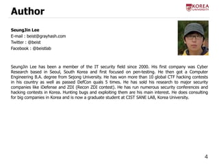 4 
Author 
SeungJin Lee 
E-mail : beist@grayhash.com 
Twitter : @beist 
Facebook : @beistlab 
SeungJin Lee has been a memb...