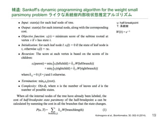 補遺: Sankoff’s dynamic programming algorithm for the weight small 
parsimony problem ライクな系統樹内部枝状態推定アルゴリズム 
19 
u: half-brea...