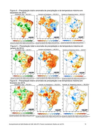 Figura 4 – Precipitação total e anomalia de precipitação e de temperatura máxima em 
dezembro de 2013 
Figura 5 – Precipitação total e anomalia de precipitação e de temperatura máxima em 
janeiro de 2014. 
Figura 6 – Precipitação total e anomalia de precipitação e de temperatura máxima em 
fevereiro de 2014. 
Acompanhamento da Safra Brasileira de Café, Safra 2014, Terceiro Levantamento, Brasília, set. de 2014. 19 
 