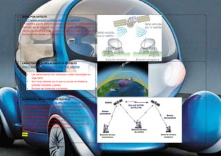 1 
4 
SEÑAL POR SATÉLITE 
http://www.ecured.cu/index.php/Red_satelital 
Un Satélite puede definirse como un repetidor radioeléctrico 
ubicado en el espacio, que recibe señales generadas en la 
Tierra, las amplifica y las vuelve a enviar a la tierra, ya sea al 
mismo punto donde se originó la señal u otro punto distinto. 
1 
5 
CARACTERÍSTICAS DE LAS REDES SATELITALES 
http://www.ecured.cu/index.php/Red_satelital 
 Las transmisiones son realizadas a altas velocidades en 
Giga Hertz. 
 Son muy costosas, por lo que su uso se ve limitado a 
grandes empresas y países 
 Rompen las distancias y el tiempo. 
1 
6 
ELEMENTOS DE LAS REDES SATELITALES 
http://www.ecured.cu/index.php/Red_satelital 
Transponders: Es un dispositivo que realiza la función de 
recepción y transmisión. Las señales recibidas son 
amplificadas antes de ser retransmitidas a la tierra. 
Estaciones terrenas: Las estaciones terrenas controlan la 
recepción con el satélite y desde el satélite, regula la 
interconexión entre terminales, administra los canales de 
salida, codifica los datos y controla la velocidad de 
transferencia. 
falta 
 