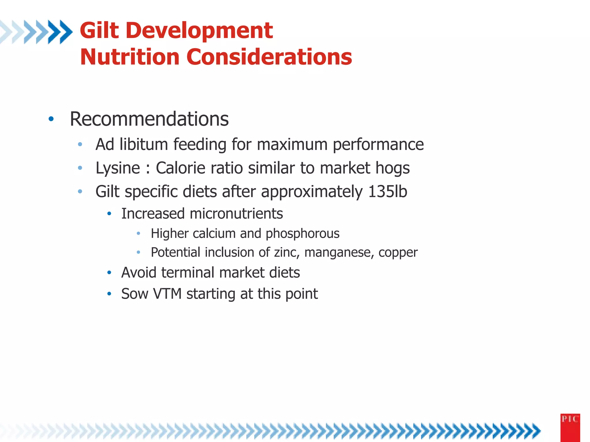 Gilt Development 
Nutrition Considerations 
• Recommendations 
• Ad libitum feeding for maximum performance 
• Lysine : Calorie ratio similar to market hogs 
• Gilt specific diets after approximately 135lb 
• Increased micronutrients 
• Higher calcium and phosphorous 
• Potential inclusion of zinc, manganese, copper 
• Avoid terminal market diets 
• Sow VTM starting at this point 
 