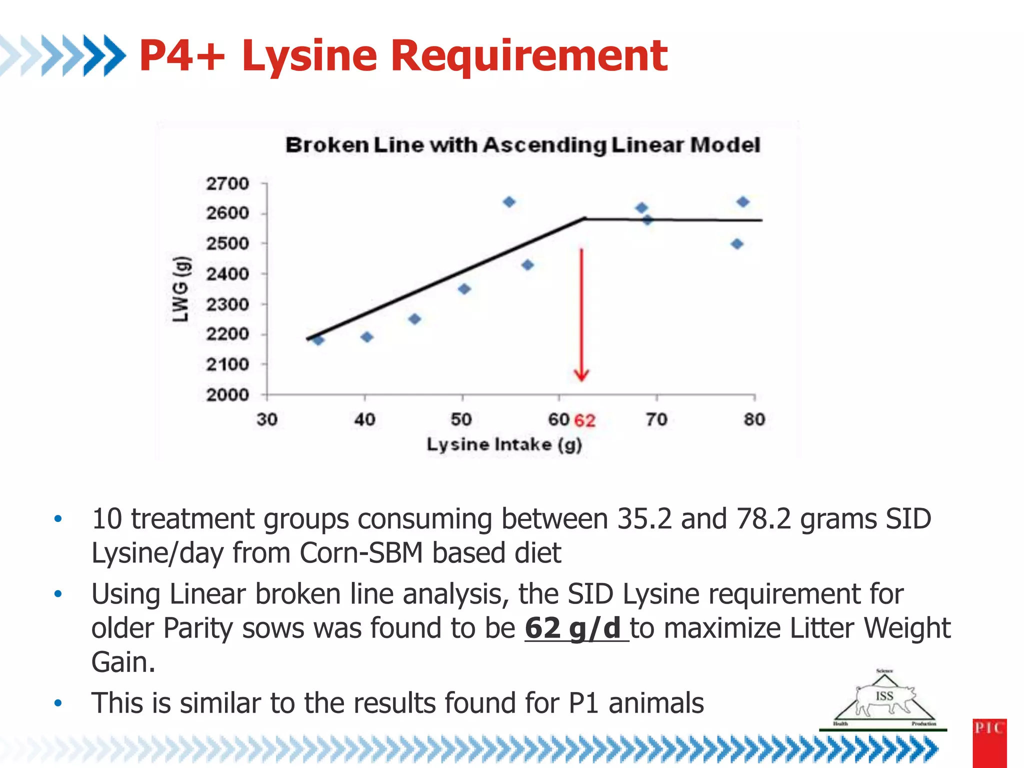 P4+ Lysine Requirement 
• 10 treatment groups consuming between 35.2 and 78.2 grams SID 
Lysine/day from Corn-SBM based diet 
• Using Linear broken line analysis, the SID Lysine requirement for 
older Parity sows was found to be 62 g/d to maximize Litter Weight 
Gain. 
• This is similar to the results found for P1 animals 
 