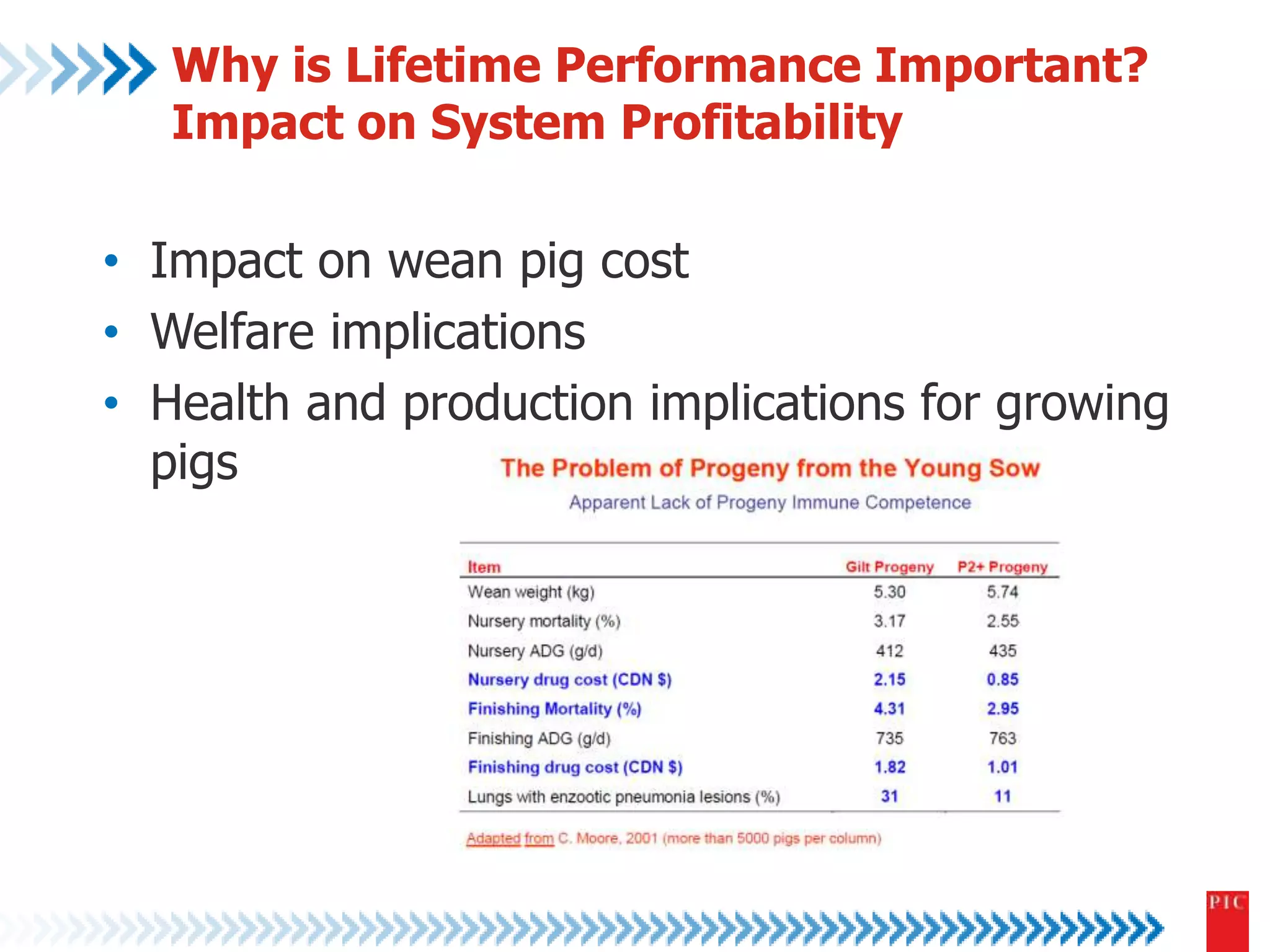 Why is Lifetime Performance Important? 
Impact on System Profitability 
• Impact on wean pig cost 
• Welfare implications 
• Health and production implications for growing 
pigs 
 