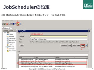 JobSchedulerの設定 
JOE（JobScheduler Object Editor）を起動しウィザードからJobを登録 
 
 
 
2014/9/17 
Copyright 2014(C) OSS Laboratories Inc. All Rights Reserved 
19 
 