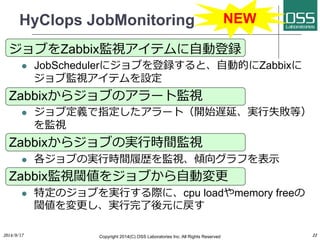 HyClops JobMonitoring 
2014/9/17 
Copyright 2014(C) OSS Laboratories Inc. All Rights Reserved 
22 
NEW 
ジョブをZabbix監視アイテムに⾃自動登録 
l JobSchedulerにジョブを登録すると、⾃自動的にZabbixに 
ジョブ監視アイテムを設定 
Zabbixからジョブのアラート監視 
l ジョブ定義で指定したアラート（開始遅延、実⾏行行失敗等） 
を監視 
Zabbixからジョブの実⾏行行時間監視 
l 各ジョブの実⾏行行時間履歴を監視、傾向グラフを表⽰示 
Zabbix監視閾値をジョブから⾃自動変更 
l 特定のジョブを実⾏行行する際に、cpu loadやmemory freeの 
閾値を変更し、実⾏行行完了後元に戻す 
 