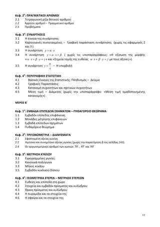 11 
Κεφ. 2ο: ΠΡΑΓΜΑΤΙΚΟΙ ΑΡΙΘΜΟΙ 
2.1 Τετραγωνική ρίζα θετικού αριθμού 
2.2 Άρρητοι αριθμοί – Πραγματικοί αριθμοί 
2.3 Προβλήματα 
Κεφ. 3ο: ΣΥΝΑΡΤΗΣΕΙΣ 
3.1 Η έννοια της συνάρτησης 
3.2 Καρτεσιανές συντεταγμένες – Γραφική παράσταση συνάρτησης (χωρίς τις εφαρμογές 2 
και 3 ). 
3.3 Η συνάρτηση y α x 
3.4 Η συνάρτηση y α x β ( χωρίς τις υποπαραγράφους: «Η εξίσωση της μορφής 
« α x β y γ » και «Σημεία τομής της ευθείας α x β y γ με τους άξονες»). 
3.5 Η συνάρτηση 
α 
y 
x 
– Η υπερβολή 
Κεφ. 4ο: ΠΕΡΙΓΡΑΦΙΚΗ ΣΤΑΤΙΣΤΙΚΗ 
4.1 Βασικές έννοιες της Στατιστικής: Πληθυσμός – Δείγμα 
4.2 Γραφικές Παραστάσεις 
4.3 Κατανομή συχνοτήτων και σχετικών συχνοτήτων 
4.5 Μέση τιμή – Διάμεσος (χωρίς την υποπαράγραφο: «Μέση τιμή ομαδοποιημένης 
κατανομής») 
ΜΕΡΟΣ Β΄ 
Κεφ. 1ο: ΕΜΒΑΔΑ ΕΠΙΠΕΔΩΝ ΣΧΗΜΑΤΩΝ – ΠΥΘΑΓΟΡΕΙΟ ΘΕΩΡΗΜΑ 
1.1 Εμβαδόν επίπεδης επιφάνειας 
1.2 Μονάδες μέτρησης επιφανειών 
1.3 Εμβαδά επίπεδων σχημάτων 
1.4 Πυθαγόρειο θεώρημα 
Κεφ. 2ο: ΤΡΙΓΩΝΟΜΕΤΡΙΑ – ΔΙΑΝΥΣΜΑΤΑ 
2.1 Εφαπτομένη οξείας γωνίας 
2.2 Ημίτονο και συνημίτονο οξείας γωνίας (χωρίς την παρατήρηση β της σελίδας 143). 
2.4 Οι τριγωνομετρικοί αριθμοί των γωνιών 30 , 45 και 60 
Κεφ. 3ο: ΜΕΤΡΗΣΗ ΚΥΚΛΟΥ 
3.1 Εγγεγραμμένες γωνίες 
3.2 Κανονικά πολύγωνα 
3.3 Μήκος κύκλου 
3.5 Εμβαδόν κυκλικού δίσκου 
Κεφ. 4ο: ΓΕΩΜΕΤΡΙΚΑ ΣΤΕΡΕΑ – ΜΕΤΡΗΣΗ ΣΤΕΡΕΩΝ 
4.1 Ευθείες και επίπεδα στο χώρο 
4.2 Στοιχεία και εμβαδόν πρίσματος και κυλίνδρου 
4.3 Όγκος πρίσματος και κυλίνδρου 
4.4 Η πυραμίδα και τα στοιχεία της 
4.6 Η σφαίρα και τα στοιχεία της 
 