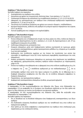 4 
Κεφάλαιο 1ο (Να διατεθούν 6 ώρες) 
Να δοθεί έμφαση στα παρακάτω: 
 Αναπαράσταση των αριθμών στην ευθεία. 
 Κατανόηση και χρήση της επιμεριστικής ιδιότητας (παρ. 3 και ασκήσεις 6, 7 της §1.2). 
 Υπολογισμοί δυνάμεων και κατανόηση των συμβολισμών (ασκήσεις 2, 3, 4, 5, 8, 9 της §1.3). 
 Εφαρμογή της προτεραιότητας των πράξεων στον υπολογισμό αριθμητικών παραστάσεων 
(ασκήσεις 6, 7, 11 και 12 της §1.3). 
 Ταυτότητα της Ευκλείδειας Διαίρεσης και χρήση των εννοιών «διαιρεί», «πολλαπλάσιο». 
 Κριτήρια διαιρετότητας, ανάλυση ενός αριθμού σε γινόμενο πρώτων παραγόντων και εύρεση 
Ε.Κ.Π. και Μ.Κ.Δ. 
 Λεκτικά προβλήματα που υπάρχουν στο σχολικό βιβλίο. 
Κεφάλαιο 2ο (Να διατεθούν 8 ώρες) 
Να δοθεί έμφαση στα παρακάτω: 
 Έννοια κλάσματος και οι διαφορετικές πτυχές της όπως μέρος του όλου, πηλίκο και λόγος (οι 
εισαγωγικές δραστηριότητες της §2.1, ασκήσεις 1, 2, 3, σελ. 36, δραστηριότητα 2, σελ. 37 και 
προβλήματα αναγωγής στη μονάδα). 
 Ισοδύναμα κλάσματα και μετατροπές τους 
 Σύγκριση κλασμάτων μέσα από διαφορετικούς τρόπους (μετατροπή σε ομώνυμα, χρήση 
γεωμετρικών αναπαραστάσεων, χρήση προσεγγιστικών μεθόδων π.χ. σύγκριση με τη μονάδα 
ή με ένα τρίτο αριθμό) 
 Διαδικασίες που συνδέονται εμμέσως με την έννοια της πυκνότητας των ρητών (να 
επεκταθεί το παράδειγμα 4 στην §2.3 στην περίπτωση παρεμβολής περισσότερων του ενός 
κλασμάτων). 
 Ανάγκη μετατροπής ετερώνυμων κλασμάτων σε ομώνυμα στην περίπτωση της πρόσθεσης 
και αφαίρεσης, χρησιμοποιώντας ασκήσεις πράξεων απλών κλασμάτων με παρονομαστές 
μέχρι το 10. 
 Έννοια των πράξεων στα κλάσματα και η εφαρμογή τους στην επίλυση προβλημάτων (π.χ. ότι 
η έκφραση «τα 
2 
5 
του 
3 
8 
» αποδίδεται αριθμητικά με τον πολλαπλασιασμό 
2 3 
5 8 
, ότι οι 
αντίστροφοι αριθμοί είναι αυτοί που έχουν γινόμενο τη μονάδα, ότι το άθροισμα και η 
διαφορά κλασμάτων αναφέρεται στο ίδιο όλο, ότι τα σύνθετα κλάσματα εκφράζουν τη 
διαίρεση κλασμάτων) 
 Παραστάσεις και προτεραιότητα πράξεων 
 Διαφορετικές αναπαραστάσεις κλασμάτων (ευθεία, γεωμετρικά σχήματα) 
Κεφάλαιο 3ο (Να διατεθούν 4 ώρες) 
Η παράγραφος 3.2 δεν συμπεριλαμβάνεται στη διδακτέα ύλη. Όμως, στην διδασκαλία της 
παραγράφου 3.3 να αναφερθεί ότι οι δυνάμεις των δεκαδικών ορίζονται με τον ίδιο τρόπο και 
έχουν τις ίδιες ιδιότητες με εκείνες των δυνάμεων των φυσικών αριθμών. 
Η παράγραφος 3.4 δεν συμπεριλαμβάνεται στη διδακτέα ύλη, αλλά θα συζητηθεί στην 
διδασκαλία της παραγράφου 7.10. 
Να δοθεί έμφαση στα παρακάτω: 
 Ότι οι δεκαδικοί και τα δεκαδικά κλάσματα είναι διαφορετικές αναπαραστάσεις των ίδιων 
αριθμών 
 Στη διαδικασία σύγκρισης δεκαδικών αριθμών και την τοποθέτησή τους στην ευθεία των 
πραγματικών αριθμών. 
 Στον τρόπο με τον οποίο εκφράζεται η προτεραιότητα των πράξεων στον υπολογισμό μιας 
παράστασης με τον υπολογιστή τσέπης. 
 