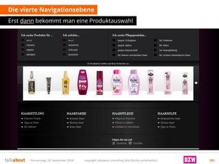 Die vierte Navigationsebene 
Erst dannbekommt man eine Produktauswahl 
Donnerstag, 18. September 2014 copyright talkabout consulting (alle Rechte vorbehalten) 105 
 