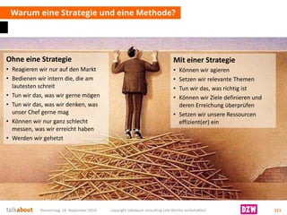 Warum eine Strategie und eine Methode? 
Donnerstag, 18. September 2014 copyright talkabout consulting (alle Rechte vorbehalten) 111 
Ohne eine Strategie 
•Reagieren wir nur auf den Markt 
•Bedienen wir intern die, die am lautesten schreit 
•Tun wir das, was wir gerne mögen 
•Tun wir das, was wir denken, was unser Chef gerne mag 
•Können wir nur ganz schlecht messen, was wir erreicht haben 
•Werden wir gehetzt 
Mit einer Strategie 
•Können wir agieren 
•Setzen wir relevante Themen 
•Tun wir das, was richtig ist 
•Können wir Ziele definieren und deren Erreichung überprüfen 
•Setzen wir unsere Ressourcen effizient(er) ein  