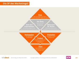 Die 5P des Marketings!! 
Donnerstag, 18. September 2014 copyright talkabout consulting (alle Rechte vorbehalten) 128 
Die Story 
Was ist die Story? 
Wie aktivieren wir Menschen? 
Ziele fürsUnternehmen 
Auf welche strategischen Ziele zahlen wir ein? Was ist der Nutzen für uns? 
Mehrwertfür Nutzer 
Wofür interessieren sich die Stakeholder? Was ist der Nutzen für sie? 
Price 
Wer soll was genau tun? Welche messbaren Ziele (KPI) ergeben sich daraus? 
Product 
Wie füllen wir die Story aus? 
Wie organisieren wir die Redaktion? 
Place 
Welche Kanäle nutzen wir? Wie sieht die Gesamt- Architektur aus? 
Participation 
Wie organisieren wir den Dialog? 
Promotion 
Wie bauen wir unserNetzwerk auf?  
