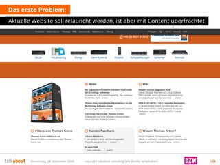 Das erste Problem: 
Aktuelle Website soll relaunchtwerden, ist aber mit Content überfrachtet 
Donnerstag, 18. September 2014 copyright talkabout consulting (alle Rechte vorbehalten) 133 
 