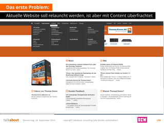 Das erste Problem: 
Aktuelle Website soll relaunchtwerden, ist aber mit Content überfrachtet 
Donnerstag, 18. September 2014 copyright talkabout consulting (alle Rechte vorbehalten) 134 
 