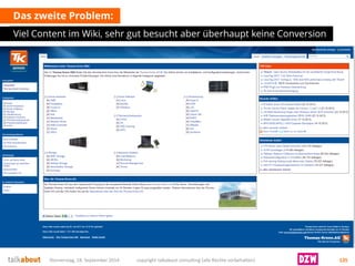 Das zweite Problem: 
Viel Content im Wiki, sehr gut besucht aber überhaupt keine Conversion 
Donnerstag, 18. September 2014 copyright talkabout consulting (alle Rechte vorbehalten) 135 
 