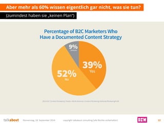 Aber mehr als 60% wissen eigentlich gar nicht, was sie tun? 
(zumindest haben sie „keinen Plan“) 
Donnerstag, 18. September 2014 copyright talkabout consulting (alle Rechte vorbehalten) 22 
 